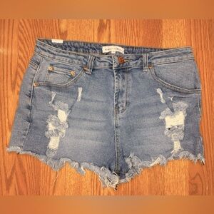 Almost Famous distressed cut-off denim/blue jean shorts, cotton with stretch